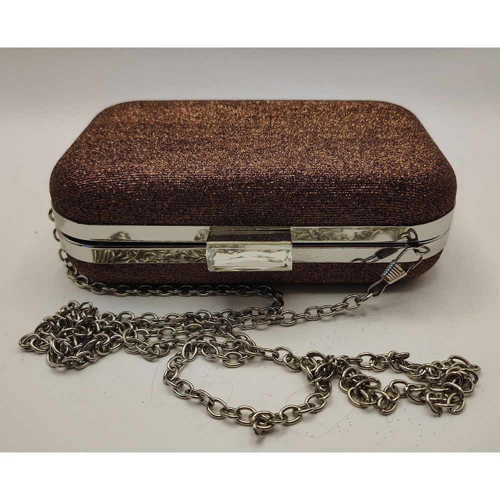 RSVP Bronze Glitter Metallic Minaudiere Evening Clutch Bag Crystal Clasp Silver